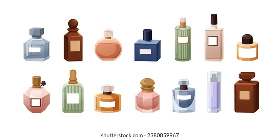 Perfume bottles set. Aroma water, fragrances, scents in glass packages. Fragrant essences, fluids in containers of different shapes. Flat graphic vector illustrations isolated on white background