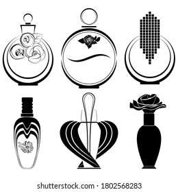 Botellas Perfumes Establece la forma del vector negro. Diseño creativo de botellas de perfume