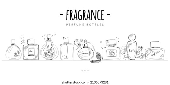 Las botellas de perfume dejan aislado el dibujo en blanco y negro. Colección de productos de fragancia a mano sobre fondo blanco.