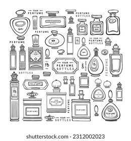 Botellas Perfume. Conjunto de bocetos de moda en blanco y negro. Ilustración del vector