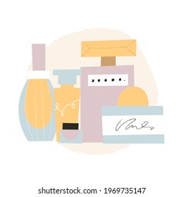 Perfume bottles set. Collection of man and woman fragrances in flat hand drawn style. Modern fashion textured illustration.