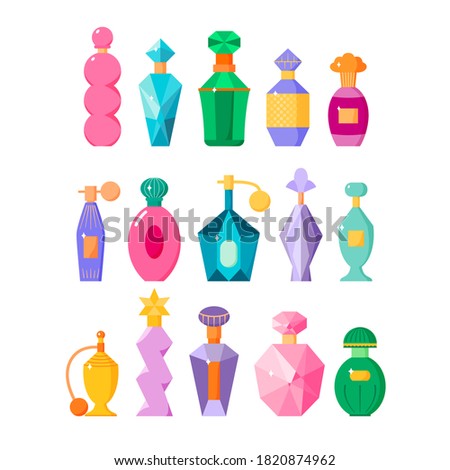 Perfume bottles set, different fragrance bottles with sparkles in flat style, scented waters collection, vector illustration isolated on white background