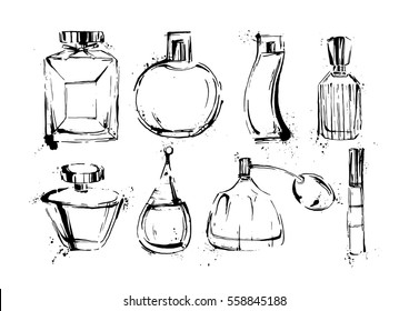 Perfume Bottles Set. Fashion Sketch. Hand Drawn Vector Illustrations EPS10.