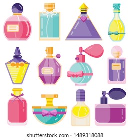 Perfume bottles set. Fragrant liquids fashion glass containers in various shapes and colors. Toilette water collection. Scented cologne icons in flat design. Scents with pumps and sprayers.
