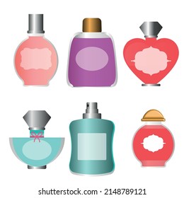 Botellas perfumadas. Los líquidos aromáticos crean recipientes de vidrio de diferentes formas y colores. Recogida de agua higiénica. Iconos de colonia perfumados en diseño plano.