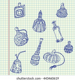 Perfume bottles set. Hand drawn vector stock illustration. Sheet ball pen drawing.