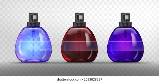 Perfume bottles set isolated on transparent background. Vector realistic illustration of blue, red, purple fragrance spray mockups, round glass containers with blank surface for branding, aroma tester