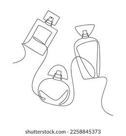 Las botellas perfumes establecen el vector una línea de ilustración de dibujo continuo. Icono de silueta lineal dibujado a mano. Elemento de diseño mínimo para impresión, pancarta, tarjeta, cartel de arte de pared, folleto, postal.