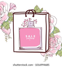 Perfume bottles in shopping bag with heart on pink rose flower background. Valentine sale design for greeting card, poster, banner, invitation. Drawn in beauty, fashion vector trendy style.