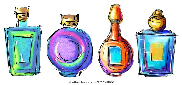 Perfume bottles sketch hand drawn set closeup isolated on white background