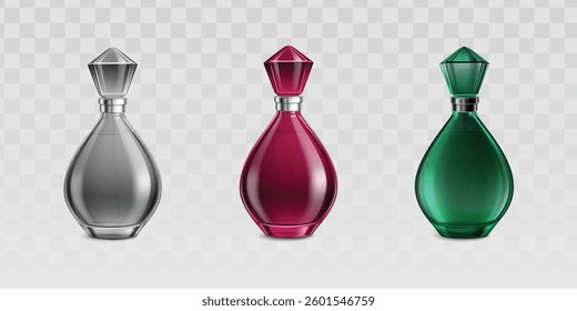 Perfume bottles vector with gemstone caps on a transparent background. Silver, red, and green 3D bottles, perfect for realistic mockups, fragrance bottles, vector designs, or cosmetic packaging