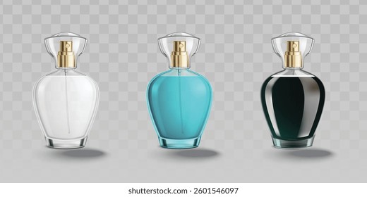 Perfume bottles vector with glass vials on a transparent background. White, blue, and black 3D bottles, perfect for realistic mockups, fragrance bottles, vector designs, or cosmetic packaging.