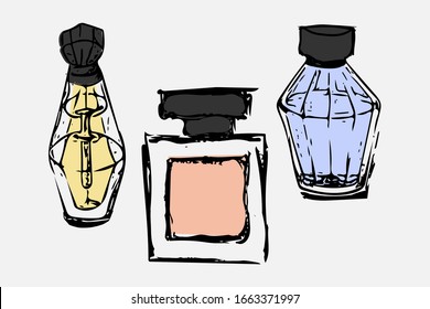 Perfume bottles vector illustration. Hand drawn sketch style image for cosmetic sale.