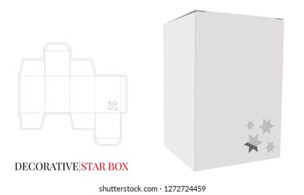 Perfume Box Template, Vector with die cut / laser cut lines. Decorative Paper Box with Stars Illustration. White, clear, blank, isolated mock up on white background, perspective view. Packaging Design