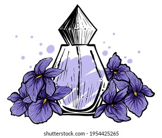 Perfume bpttle with violets around, color vector