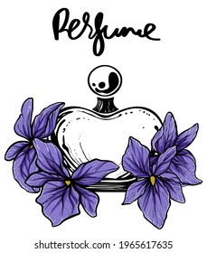 Batería perfume con violetas alrededor, vector de color