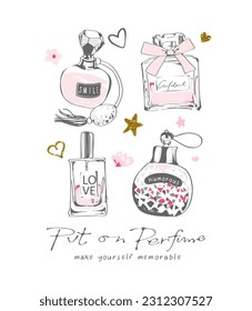 perfume calligraphy slogan with hand drawn perfume bottles vector illustration