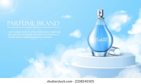 Perfume in clouds at podium. Advertising and marketing. Cosmetic product at pedestal or stage. Aroma and fragnance. Presentation and demonstration. Realistic isometric vector illustration