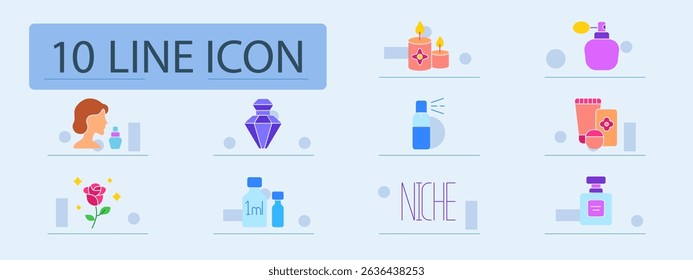 Perfume collection set icon. Scented candles, atomizer, bottle, cosmetic kit, floral essence, spray, minimal design, niche fragrance, wellness, elegance, luxury.