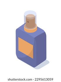 Perfume o colonia. Maquillaje, fragancia y aroma. Spray para cosméticos y farmacia. Estética y elegancia, lujo y tendencia. Ilustración vectorial isométrica de dibujos animados