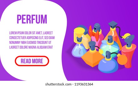 Perfume concept banner. Isometric banner of perfume vector concept for web, giftcard and postcard