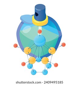 Perfume concept icon isometric vector. Bottle of perfume and molecule symbol. Parfum de toilette, aroma, perfumery