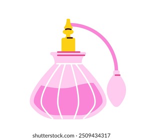 Perfume concept. Pink fragrance and cologne. Beauty, elegance and aesthetics. Bottle of eau de toilette. Graphic element for website. Flat vector illustration isolated on white background