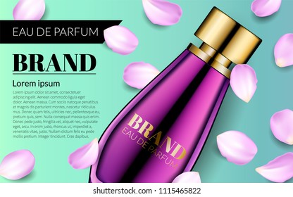 Perfume Contained in Glass Mock up with Falling petals Flowers Background. Woman Glamour Pink Rose Water Spray Bottle. Excellent Advertising. Cosmetic Design Product. 3D Vector Illustration