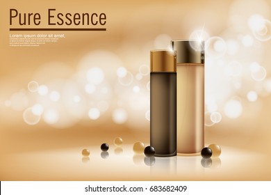 Perfume contained on bronze background with soft bokeh. Poster for the promotion of moisturizing and nourishing cosmetic premium product. Vector illustration.
