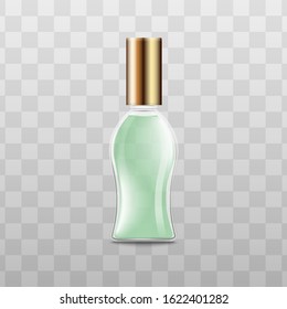 Perfume cosmetic light green elegante bottle with golden lid vector illustration realistic mockup isolated on transparent background. Beauty products blank container.