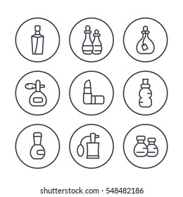 perfume and cosmetic line icons set, pictograms in circles over white