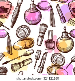 Perfume and cosmetics accessories performed in hand drawn style with watercolor spots seamless pattern background vector illustration