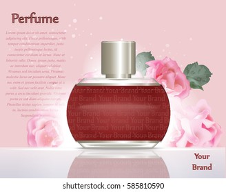 Perfume cosmetics and perfume ads template. Silver bottle sparkling background. Realistic pink roses decor. 3d Vector illustration