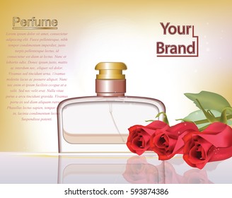 Perfume cosmetics ads template. Silver bottle sparkling background. Realistic red roses decoration. 3d Vector illustration