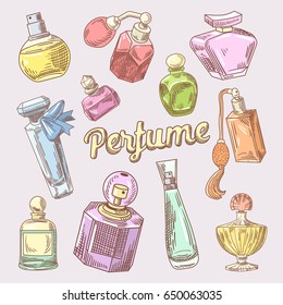 Perfume and Cosmetics Hand Drawn Doodle with Different Bottles. Vector illustration