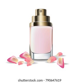 Perfume Cosmetics package Vector realistic mock up. Eau de toillete golden bottle Perfect for advertising, flyer, banner, poster. 3d illustrations