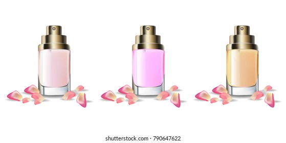 Perfume Cosmetics set Vector realistic mock up. Eau de toillete golden bottle Perfect for advertising, flyer, banner, poster. 3d illustrations