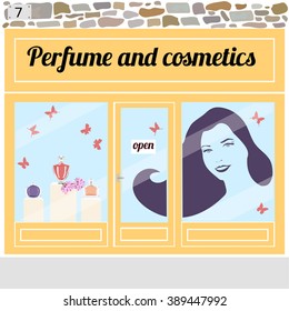 Perfume and cosmetics shop. Perfume bottles in the shop window.Sticker of a young smiling woman with long hairs on the window. Vector illustration eps 10.