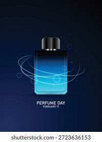 Ilustración elegante de la botella azul del día del perfume con los efectos aromáticos del remolino en fondo oscuro