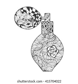 Perfume with decorative ornament. Vector perfume bootle with Zen-doodle or Zen-tangle pattern in white background for decorate package perfume cosmetic or creative Post Card 