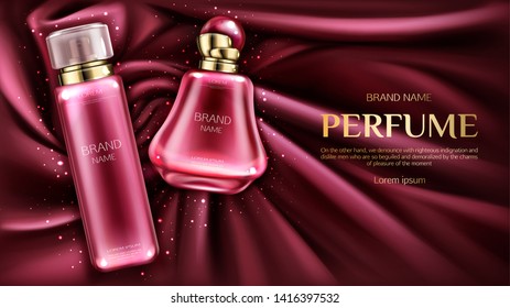 Perfume deodorant bottles on vortex velvet or silk fabric backdrop. Glass pink tubes package design mockup. Female fragrance cosmetics product, ad promo poster Realistic 3d vector illustration, banner