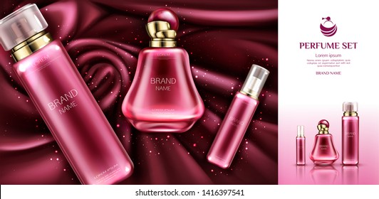 Perfume deodorant and sampler bottles on swirl velvet or silk fabric background. Glass pink tubes package design mockup. Female fragrance cosmetics product, ad banner. Realistic 3d vector illustration