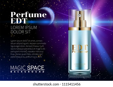 Perfume Design Glass Bottle Cosmetics Product Advertising for Catalog Magazine. Night Space Background. Design of Package Great Poster for Promoting a new Fragrance Vector template