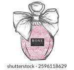 Perfume design for t shirt print, poster, sticker, background and other. Pink glitter bottle with bow graphic design.