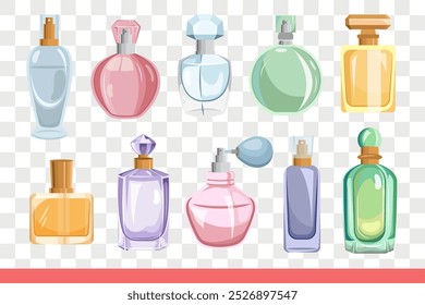 Perfume en diferentes botellas de colores, para elegir el mejor olor y aroma creado a partir de flores naturales. Perfume de mujer con adición de esencias de larga duración para complementar el look de noche.