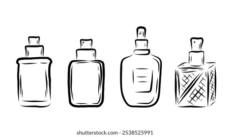 Perfume en botellas de diferentes formas, en línea estilo de arte, línea, arcos, flores, olor. Ilustración vectorial