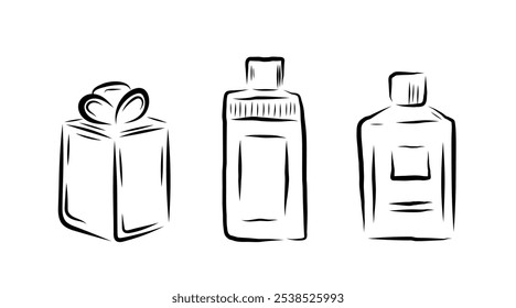 Perfume in different shaped bottles, in line art style, line, bows, flowers, smell. vector illustration