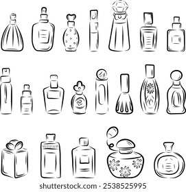 Perfume en botellas de diferentes formas, en línea estilo de arte, línea, arcos, flores, olor. Ilustración vectorial