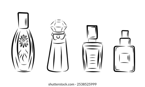 Perfume in different shaped bottles, in line art style, line, bows, flowers, smell. vector illustration