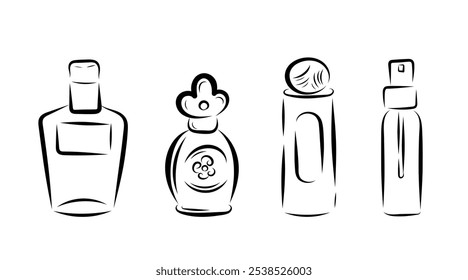 Perfume en botellas de diferentes formas, en línea estilo de arte, línea, arcos, flores, olor. Ilustración vectorial